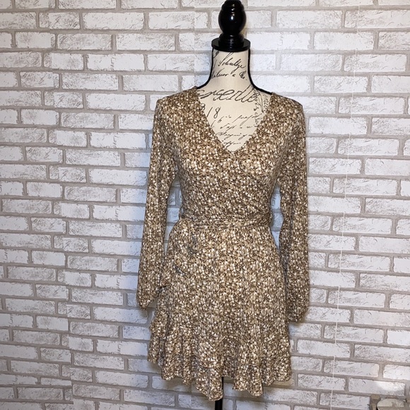 Dresses & Skirts - Tan Floral Print Ruffled Hem Self-Tie Wrap Dress